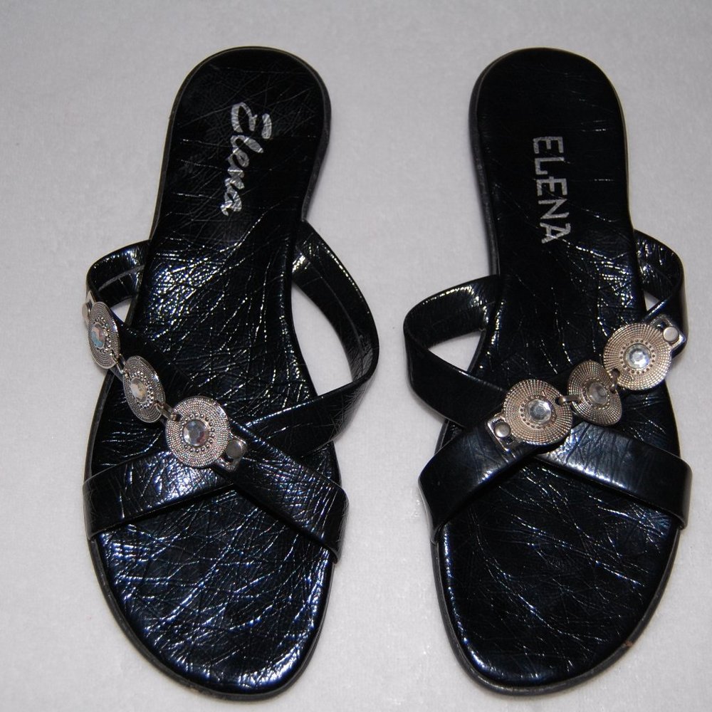 NWOT Elena Black Patent Leather Flat Sandals, Women Size US 7.5